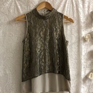 Tahari lace tank top elevated basics gold/Black sz S c6-1854